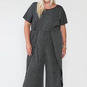 Women's Plus Size Silver Overlap Wide Pants Waist Ruched Shirring Jumpsuit